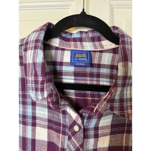 Le Tigre Women’s Button Up Plaid Purple Blue White Soft Flannel Size Large - Picture 5 of 11
